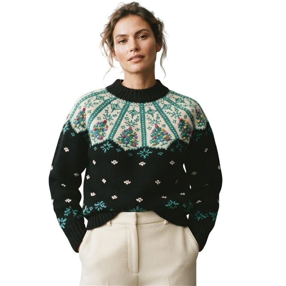 VTG Northern Isles Hand Knitted Christmas Sweater Winter Wonderland 55% Ramie M